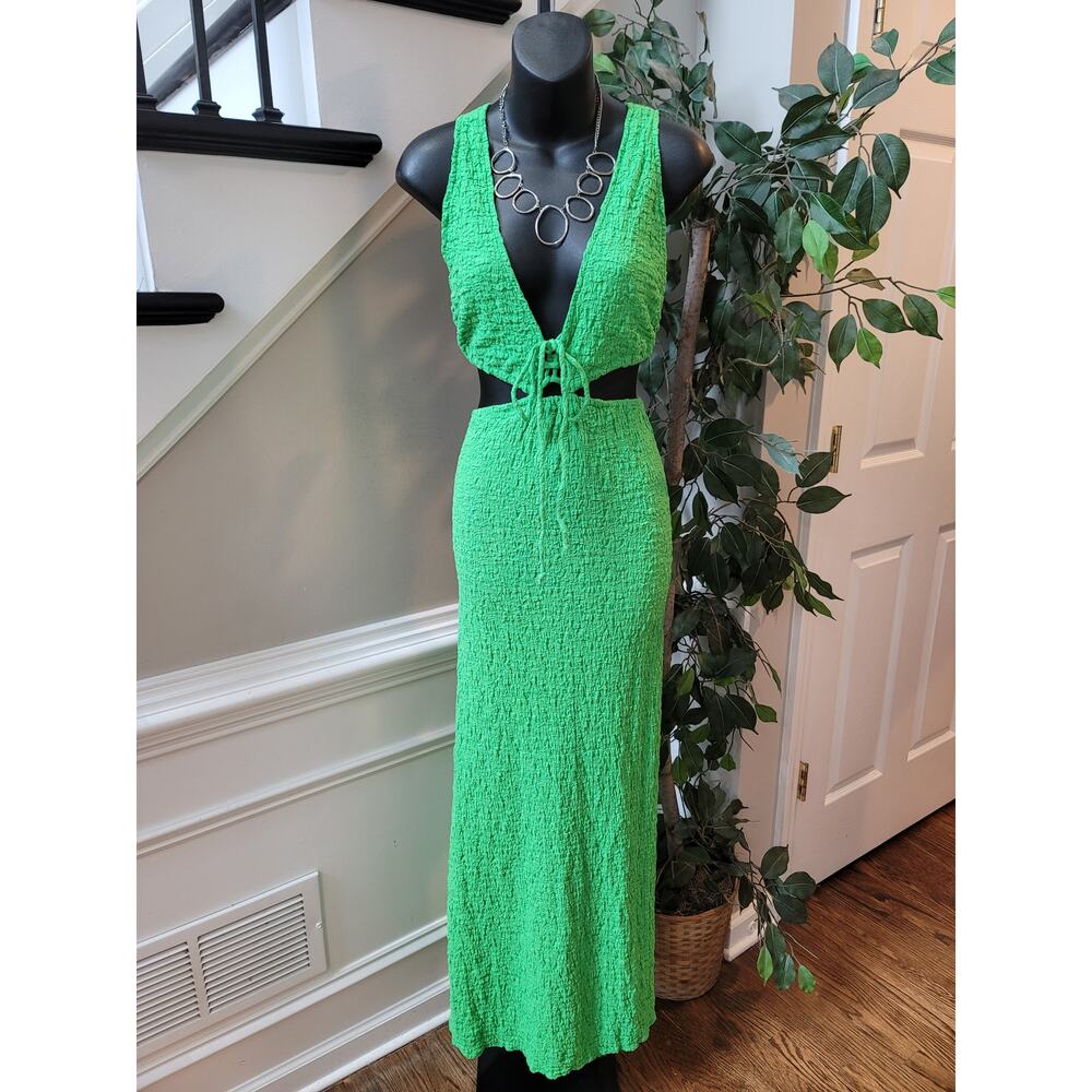 Flawless Dress Womens Large Green Textured Sleeveless Tie Front Stretchy